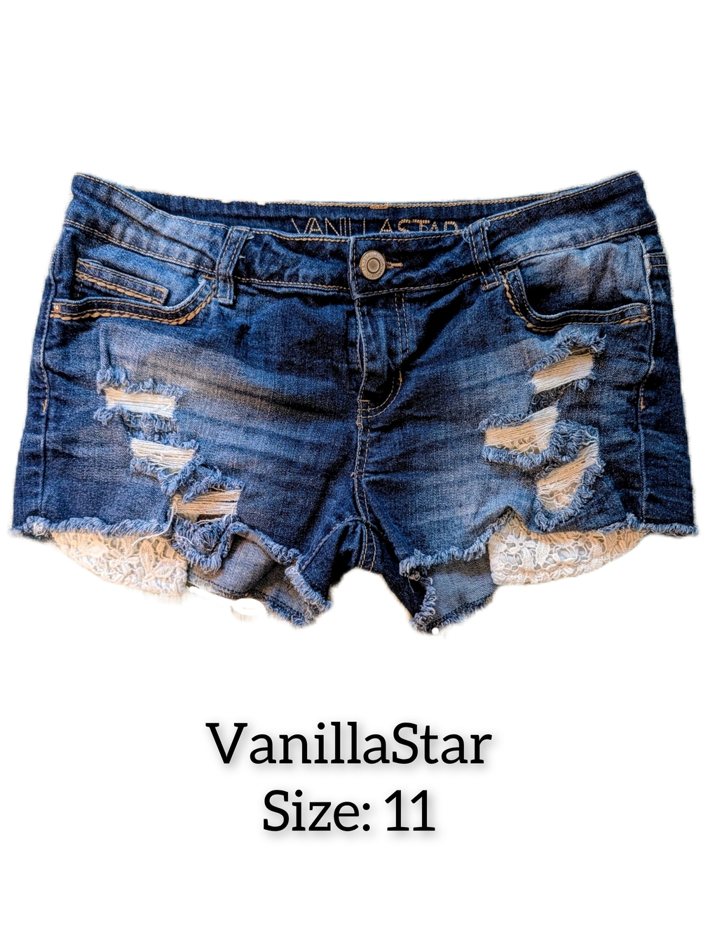 Vanilla Star Women's Distressed Denim Lace-Trim Shorts - Blue